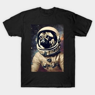 Space Astronaut Pug Vintage Surreal Collage Art T-Shirt